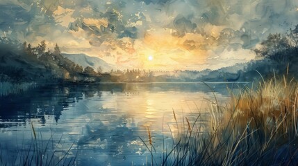 Lakeside at sunset. A beautiful, peaceful scene. - obrazy, fototapety, plakaty