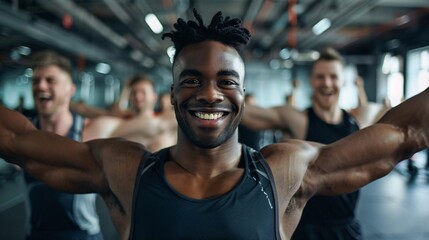 A group of men in fitness attire smiling and stretching their arms