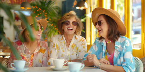 Cheerful senior female friends sitting in sunlit cafe on summer day. Retired women having getaway together. Retirement hobby and leisure activity for elderly people.