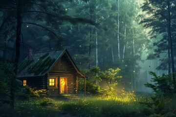 nocturnal serenity cozy cabin nestled in a tranquil forest illuminated by warm light emanating from within evoking feelings of peace and comfort digital painting