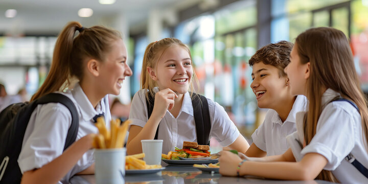 Group of cheerful teenage kids sitting at the table in school cafeteria. Young students having food during lunch break in dining hall.