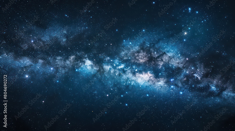 Poster the image showcases an impressive view of the cosmos with deep blue tones and dense star clusters