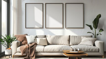 mock up poster frame in modern interior background, living room, Scandinavian style, 3D render.