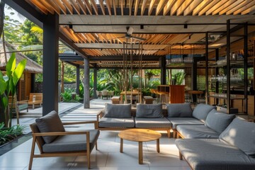 Fototapeta premium A modern Balinese hotel lounge with a wooden slat ceiling, dining area and bar in the background The room has grey fabric sofas and chairs on a white tile floor Generative AI