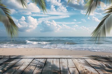 Summer tropical sea with waves, palm leaves and blue sky with clouds. Perfect vacation landscape with empty wooden table - generative ai