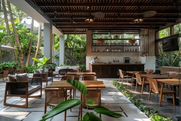 Fototapeta premium A modern and minimalist Balinese hotel lounge with an open kitchen, dining area, seating areas and outdoor terrace Generative AI