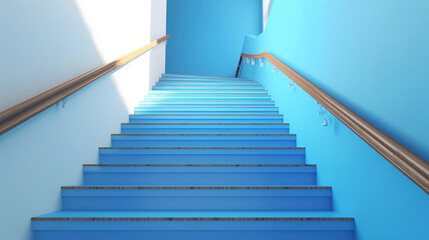 Azure blue stairs with a wooden handrail, full length view from the side.