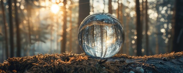 Crystal ball in forest reflecting sunlight. copy space for text.