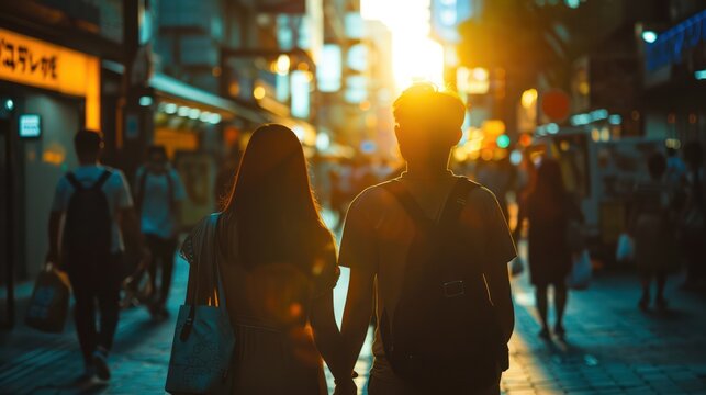 The silhouette of a couple holding hands, creating a romantic atmosphere against the backdrop of a bustling city street at sunset