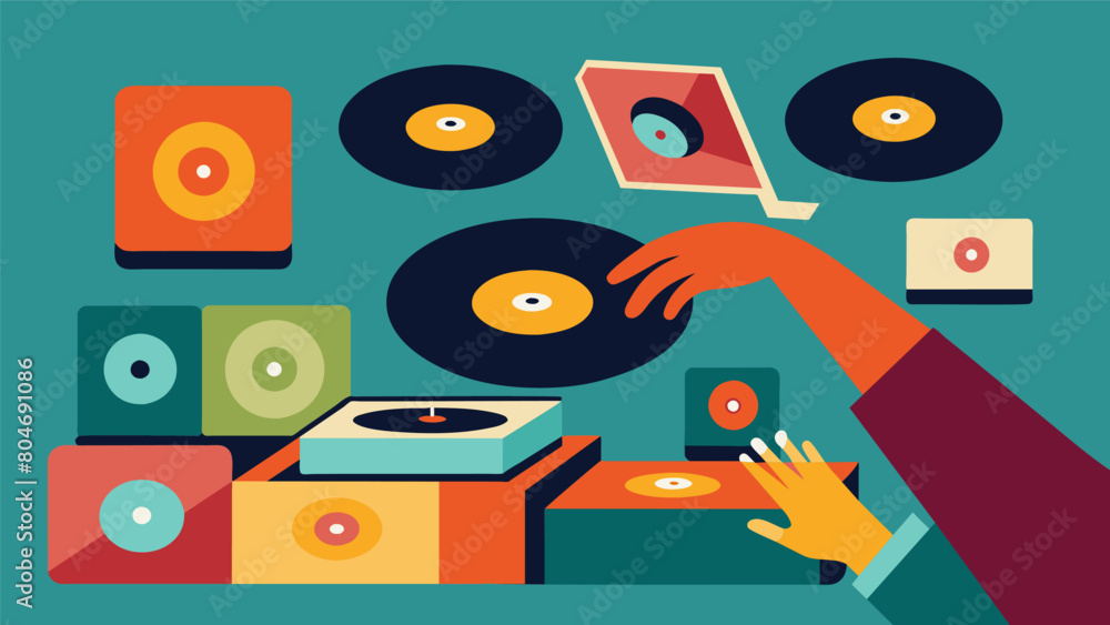 Poster a vintageinspired animation of a hand flicking through records with each one morphing into a differe