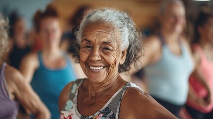 Fototapeta premium A group of old women smiling in dance class with one woman on front