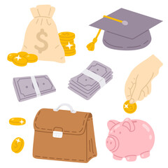Fototapeta premium Vector illustration money education set for digital stamp,greeting card,sticker,icon, design