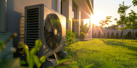 Air source heat pump installed on the wall of residential building in summer morning light.