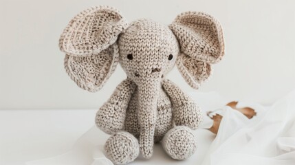 A soft-hued knitted toy elephant with floppy ears against white, highlighting its charm.