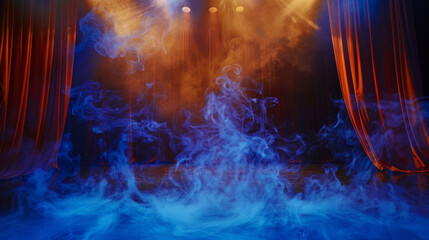 A stage with swirling royal blue smoke under a warm orange spotlight, setting a regal, vibrant mood.