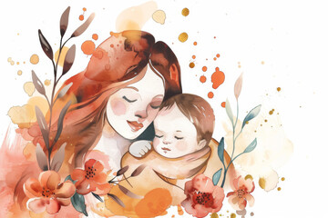 Elegant watercolor painting of a mother and child surrounded by blossoming flowers.