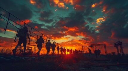 Outdoor bootcamp training with a group tackling obstacle courses, dramatic sky, text space on left.