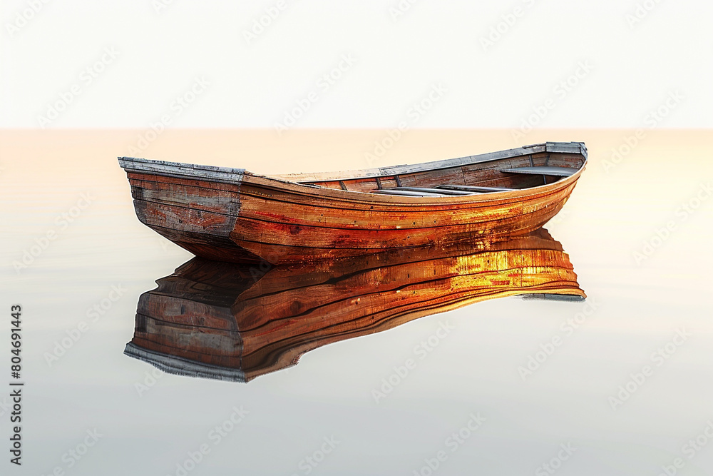 Wall mural A quaint wooden rowboat floating on a mirror-like lake reflecting a fiery sunset, isolated on solid white background. - Wall murals