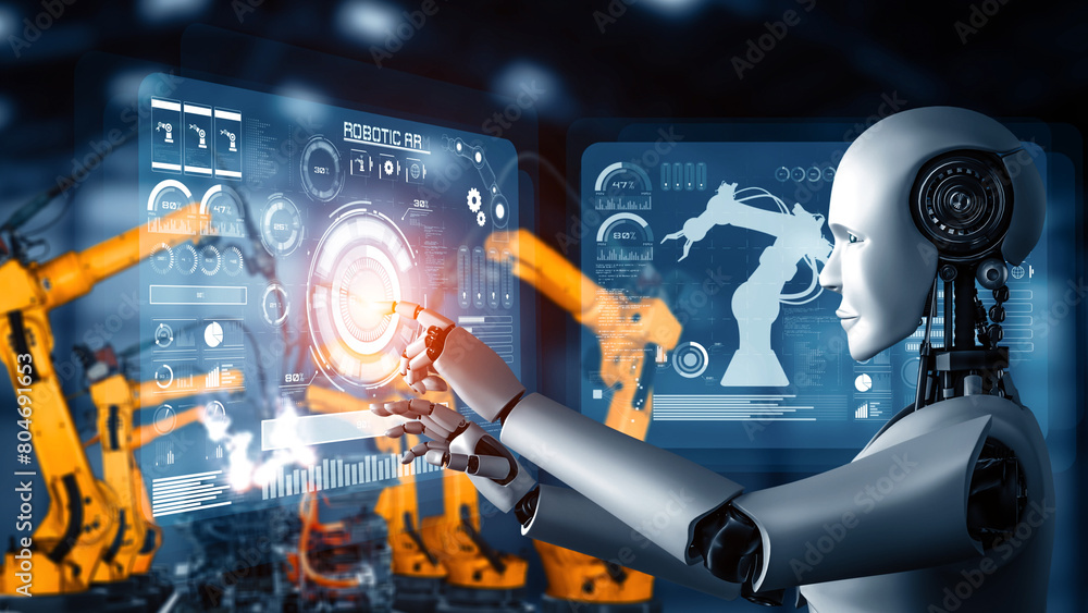 Aufkleber mlp 3d illustration cybernated industry robot and robotic arms for assembly in factory production. c