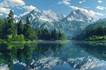 serene mountain lake reflecting majestic peaks and lush forests tranquil landscape aigenerated illustration