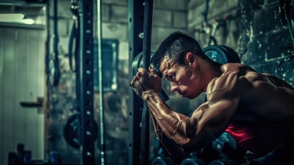 A powerful image capturing a determined man's facial expression while lifting heavy weights at his gym workout