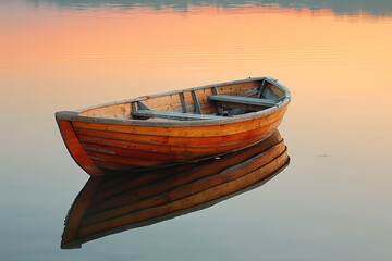 A quaint wooden rowboat floating on a mirror-like lake reflecting a fiery sunset, isolated on solid white background.