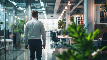 Obraz premium Rear view of a businessman standing in an office workspace with a blurred background