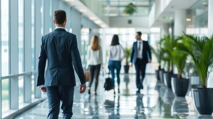 A professional businessman walks towards a meeting in a bright, contemporary corridor of a corporate building