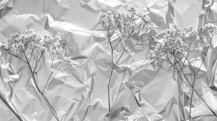 baby breath flowers on crumpled aluminium foil pattern, silver trend