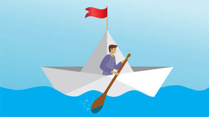 Man, boy in rowing boat. Dimension 16:9. Vector illustration.
