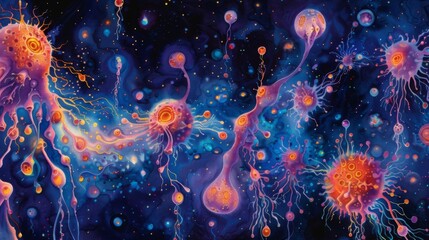 The image is an abstract painting of a group of jellyfish-like creatures swimming through a sea of stars