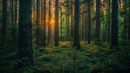 Obraz premium Majestic sunset rays streaming through the dense forest illuminating the lush undergrowth