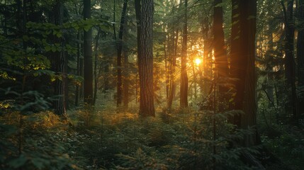 Fototapeta premium Golden sunlight beautifully filters through the forest trees, creating a warm and inviting atmosphere
