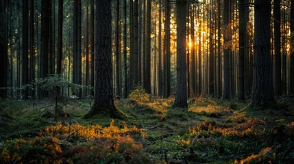 A magical view of sun rays filtering through the dense forest, illuminating the undergrowth