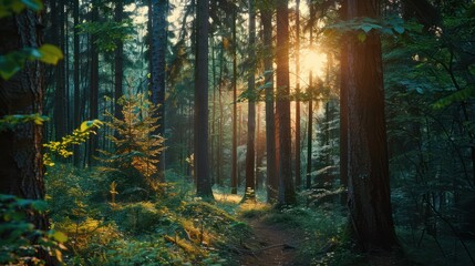 Obraz premium Sun filters through the tall forest canopy onto the bright, verdant underbrush below