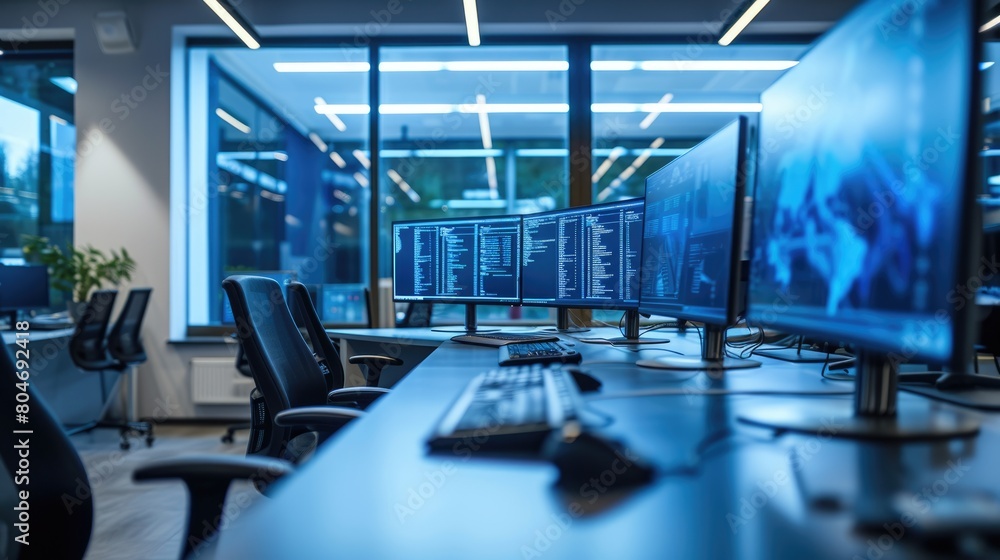 Poster in an office building, a row of computer monitors sits on a desk, creating a symmetrical display. th