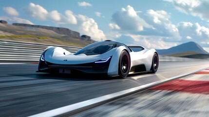 An electric sports car prototype on a test track with motion blur
