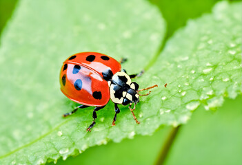 Fototapeta premium Ladybird on green leaf