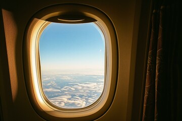 Fototapeta premium Sturdy Airplane window. Travel view interior. Generate Ai