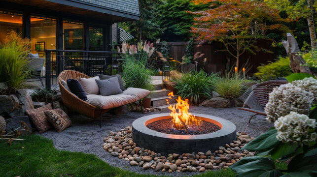 Cozy seating area in the backyard with a fire pit and comfortable seats. A stunning outdoor oasis. A place to relax.
