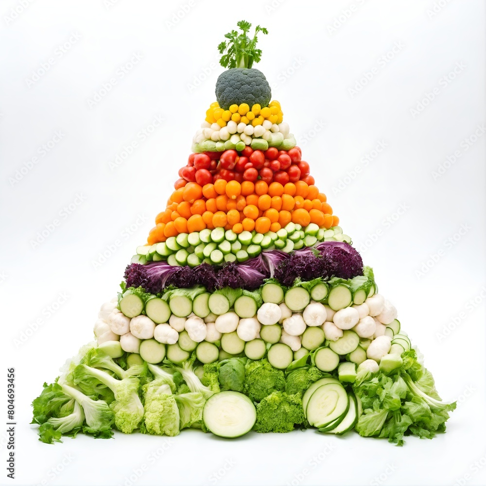 Wall mural Various vegetables in shape of tower on grey background.