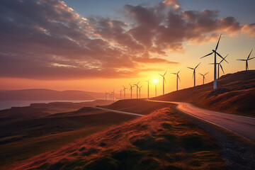 A row of wind turbines against the backdrop of a colorful sunset, harnessing the power of the evening breeze - Powered by Adobe