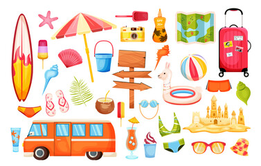 Set of summer items. Sun umbrella, camera, shells, sand castle, bucket and shovel, surfboard, cocktail, flip-flops, swimsuit for women and men, sunglasses, suntan oil, ice cream, suitcase, map 