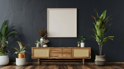 Mockup frame on wood cabinet in living room interior on empty dark wall background.