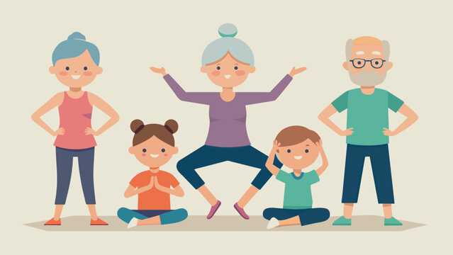 A group of grandparents gently guiding their grandchildren in beginner yoga poses.. Vector illustration