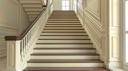 Classic ivory stairs with a wooden handrail, full front view showing all steps.
