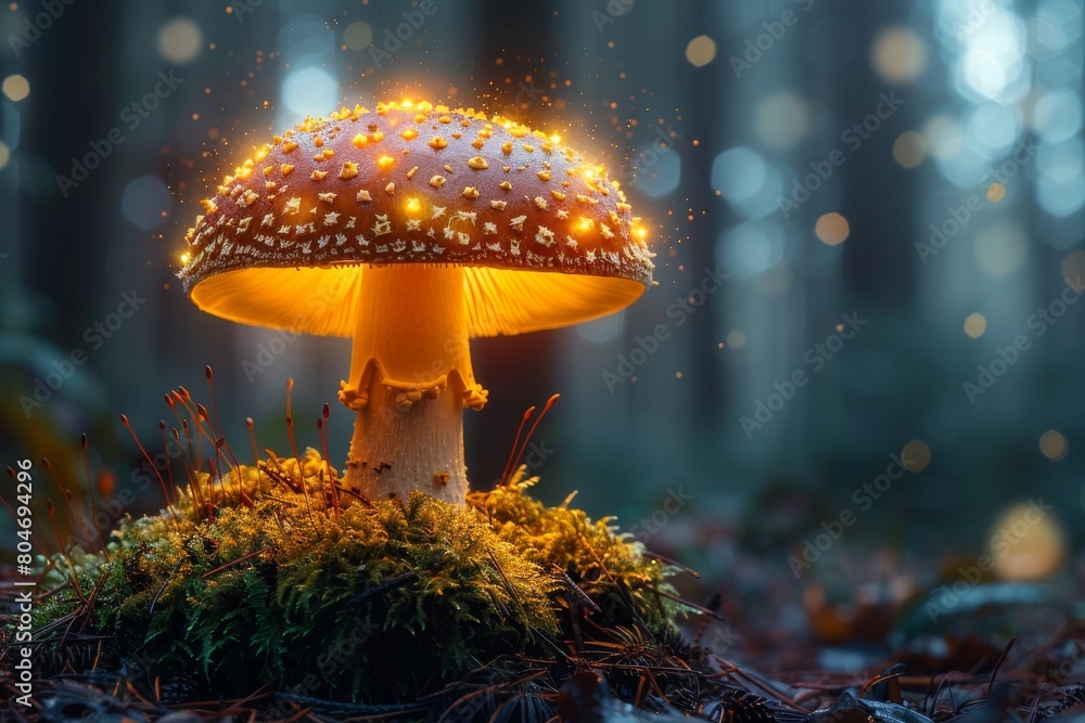 Poster an enchanting glowing mushroom radiates with light, creating a sense of wonder in the mystical fores