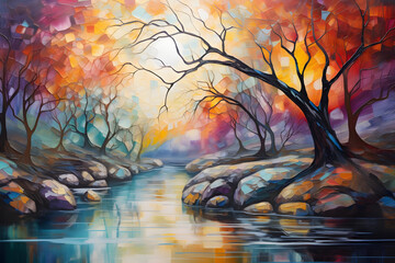 dreamy river alongside pathway, abstract landscape art, painting background, wallpaper, generative ai