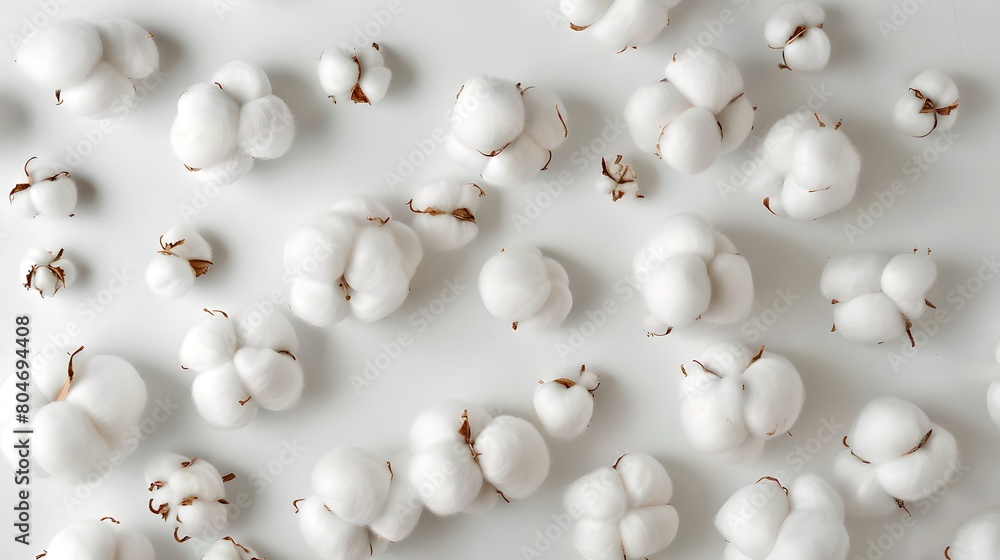 Poster cotton bolls spread on a white backdrop in natural soft light. simplistic clean style, suitable for 