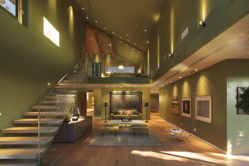 Contemporary olive green entrance hall with a floating staircase and a high ceiling in an American interior.